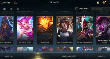 Conta wild rift com 54 skins, quase todos os campeões