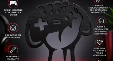 Quadro Gamer Controle em MDF Preto 45 x 40 cm