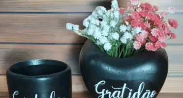 Conjunto vaso coração e cachepot Gratidão preto