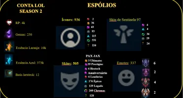 Conta lol Season 2 (Colecionador) (505 skins - 936 ícones)