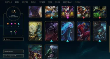 lol 18 skins (1 mitica, 3 lendarias, 6 epicas, 4 legado)