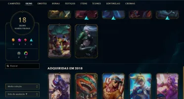 lol 18 skins (1 mitica, 3 lendarias, 6 epicas, 4 legado)
