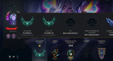 Conta Platina II, LVL 489, 194 skins, 120+ campeões.