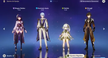 Raiden + arma assinatura + Zhongli + Nahida