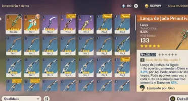 AR 10 Xiao + Lança de Jade Primitiva + Espada celestial