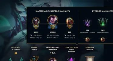 conta lvl 120, platina 4 com 57% wr, 25 skins, 57 champs