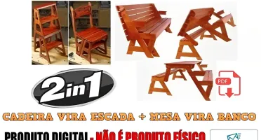 Projeto de Madeira Cadeira Vira Escada + Mesa Vira Banco
