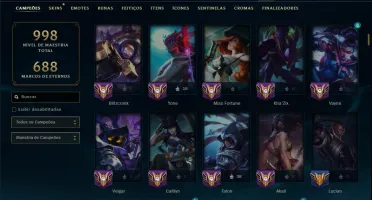 Diamante 1 com TODOS os Champs e 234 Skins ( MID / JG / ADC)