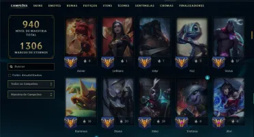 Platina 4 com TODOS os Champs e 296 Skins ( ADC / SUP / JG )
