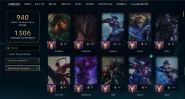 Platina 4 com TODOS os Champs e 296 Skins ( ADC / SUP / JG )