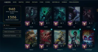 Platina 4 com TODOS os Champs e 296 Skins ( ADC / SUP / JG )