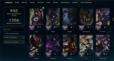 Platina 4 com TODOS os Champs e 296 Skins ( ADC / SUP / JG )
