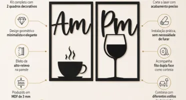 Kit 2 Quadros AM Café e PM Vinho em MDF Preto