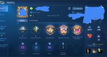 Conta mobile legends lvl 64 com 53 herois e 56 skins...