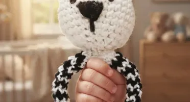 Chocalho Ursinho Preto e Branco Amigurumi