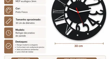 Relógio Vazado em MDF Preto 30 cm