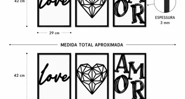 Kit 3 Quadros Love Amor em MDF Preto 42 x 29 cm