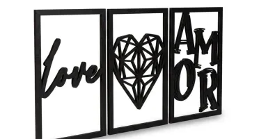 Kit 3 Quadros Love Amor em MDF Preto 42 x 29 cm