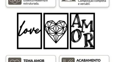 Kit 3 Quadros Love Amor em MDF Preto 42 x 29 cm