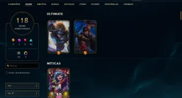 Conta unranked com 118 skins e 147 champs