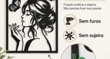 Quadro Mulher com Borboletas em MDF Preto 40 x 30 cm