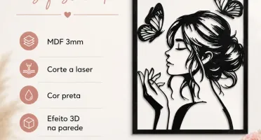 Quadro Mulher com Borboletas em MDF Preto 40 x 30 cm