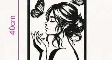 Quadro Mulher com Borboletas em MDF Preto 40 x 30 cm