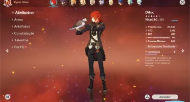 Conta Genshin Ar 45 Diluc, Mona, Qiqi, Jean E 2 Armas 5*