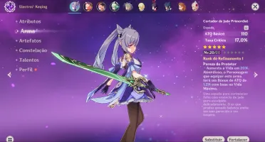 Conta Genshin, ar 20, Keqing e Cortador de Jade Primordial