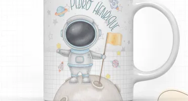 Kit Escolar Astronauta: Etiquetas/Caneca/Toalhinha de Mão