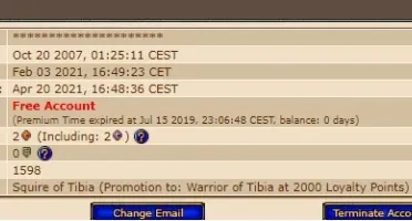 CONTA TIBIA LOYALTY TITLE SQUIRE OF TIBIA : 1598 DIAS
