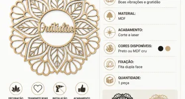 Mandala Gratidão em MDF Cru 45 x 45 cm