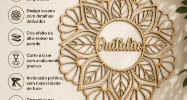 Mandala Gratidão em MDF Cru 45 x 45 cm