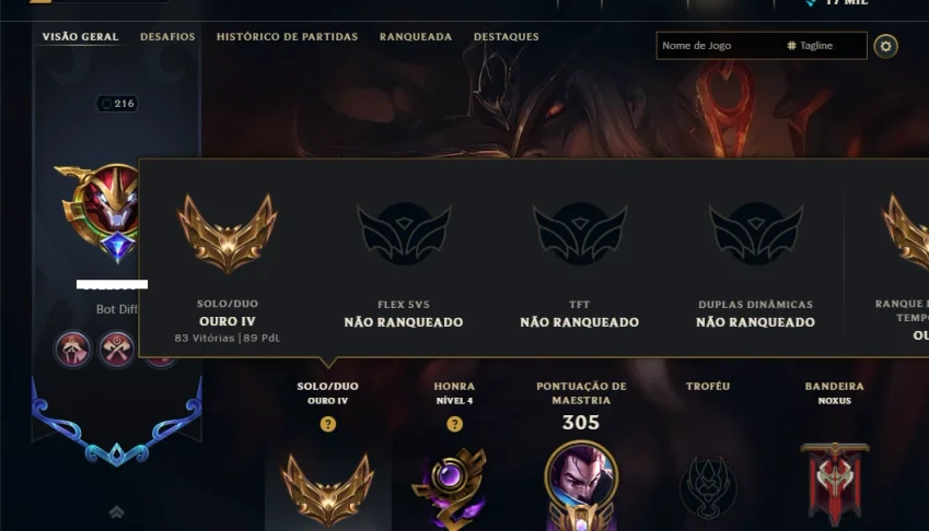 Ouro 4 com 120 Champs e 115 Skins ( MID / ADC / JG )