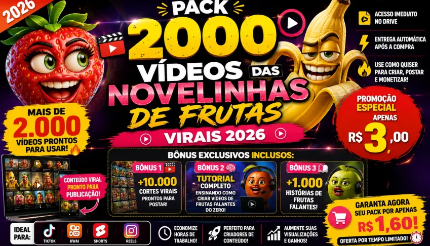 🍓 PACK +2.000 Vídeos das Novelinhas de Frutas Virais 2026