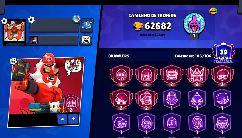 🔥 Brawl Stars 62.6K Troféus | 106/106 Brawlers | 39 Prestíg