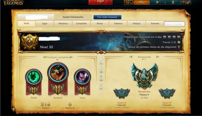 Conta League of Legends platina 5