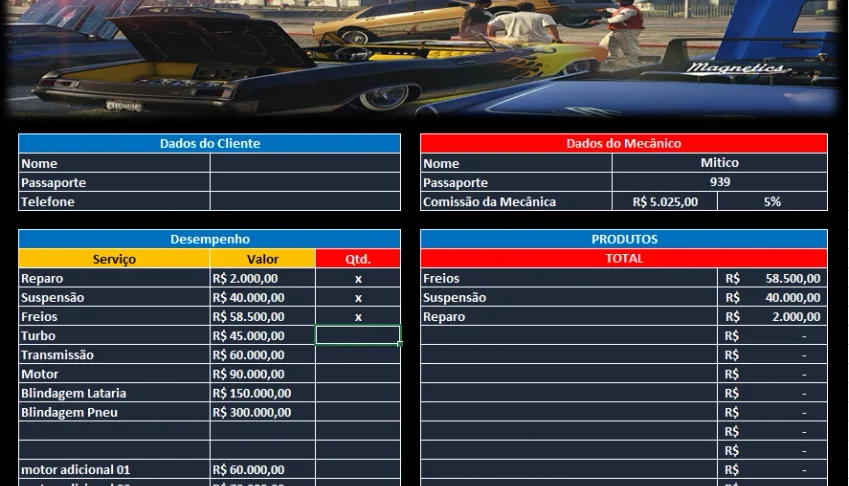 Planilha para mecânica GTA RP