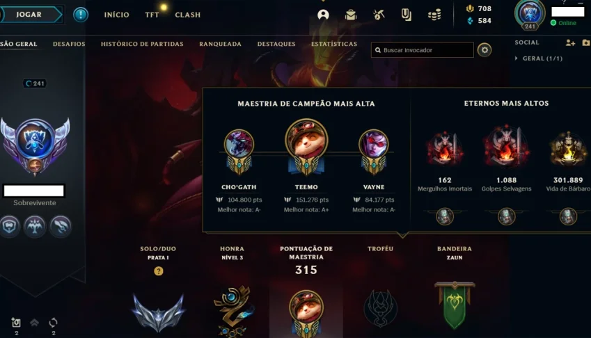 Conta Lol +100 skins Lv alto mmr alto