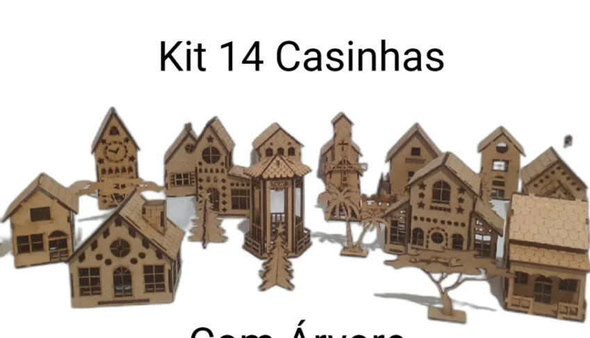 Kit 14 mini casinha em mdf, com arvore, coqueiro e...