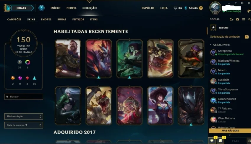 Conta League of Legends Todos Campeões 150 skins Platina 3