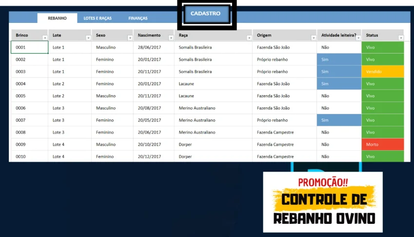 Planilha para Controle de Rebanho Ovino Completo