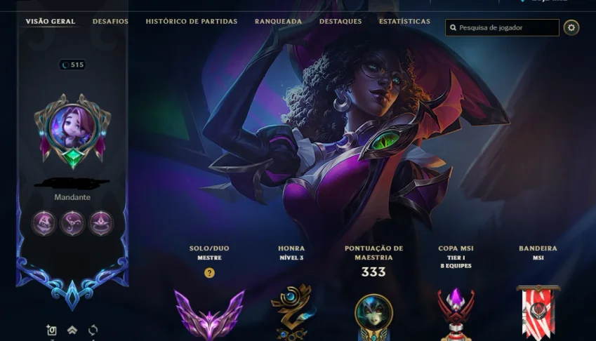 Conta Lol criada em 2014, elo atual mestre, main suporte
