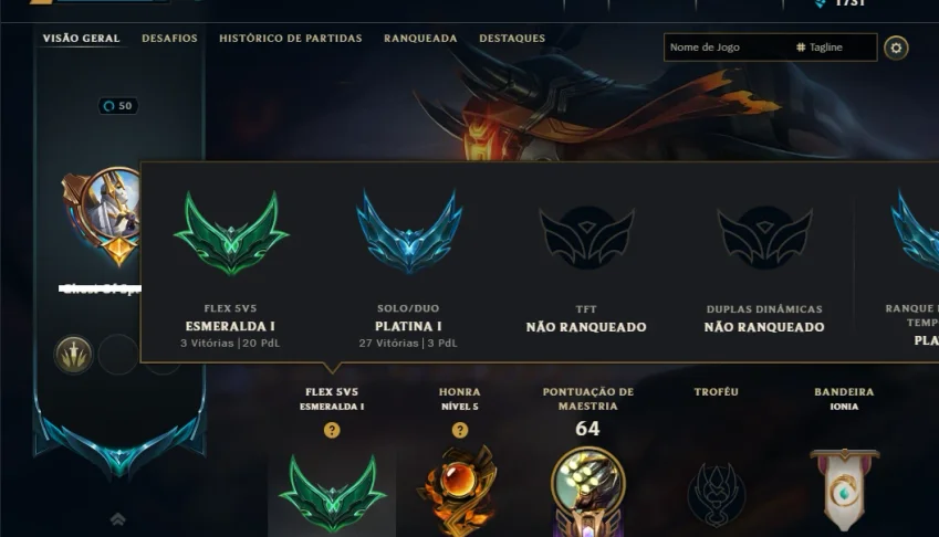 Platina 1 com 95 Champs e 16 Skins