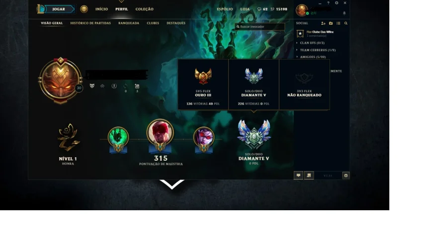 Conta de LoL,com 57 skins,diamante 5 na solo duo, gold3 flex