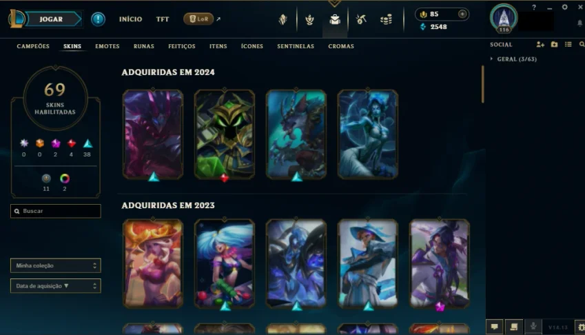 conta de league of legends 69 skins