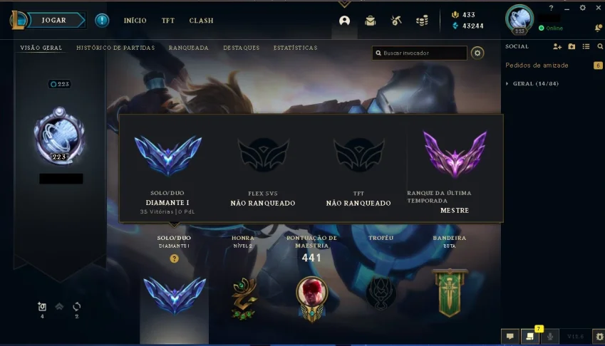 Conta LoL D1 (Borda Mestre) S6 Unranked S11 280 skins