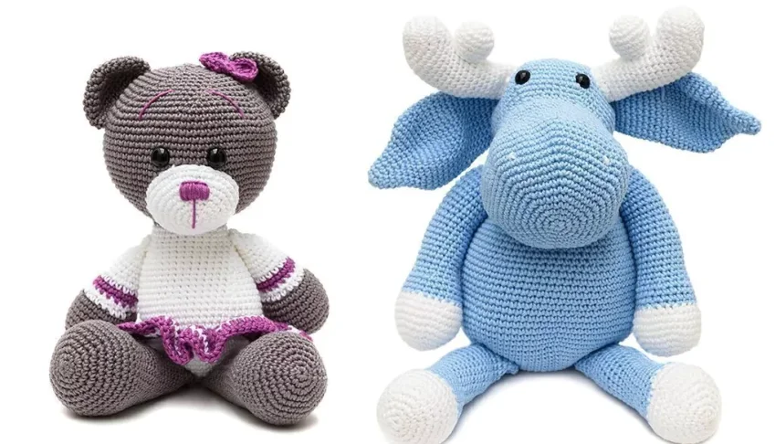 Kit ursa de saia roxa e alce em amigurumi