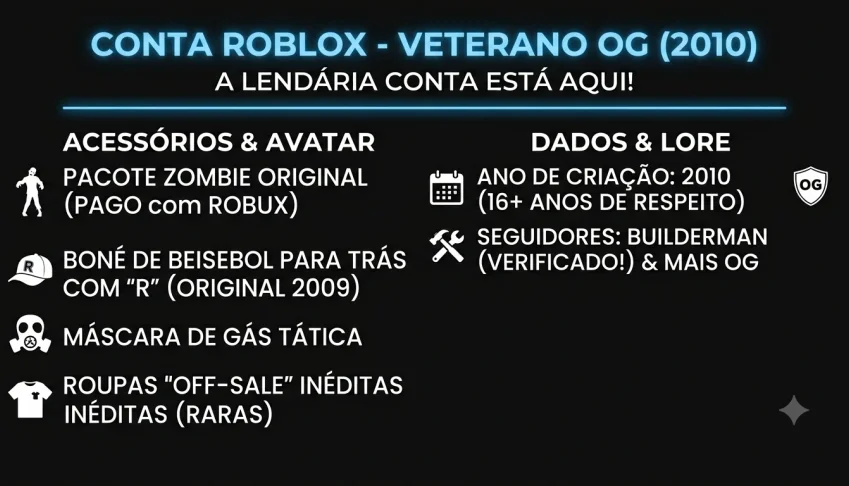 🔥 Conta Roblox Og (2010) | Zombie Pack Original + Itens Off