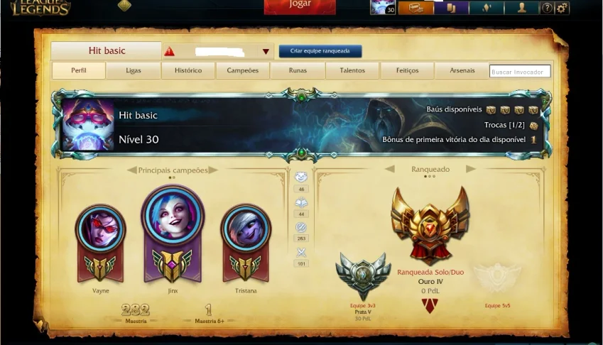 Elo ouro 4, 98 campeões, 50 skins,110 icones, 20 pag mastery